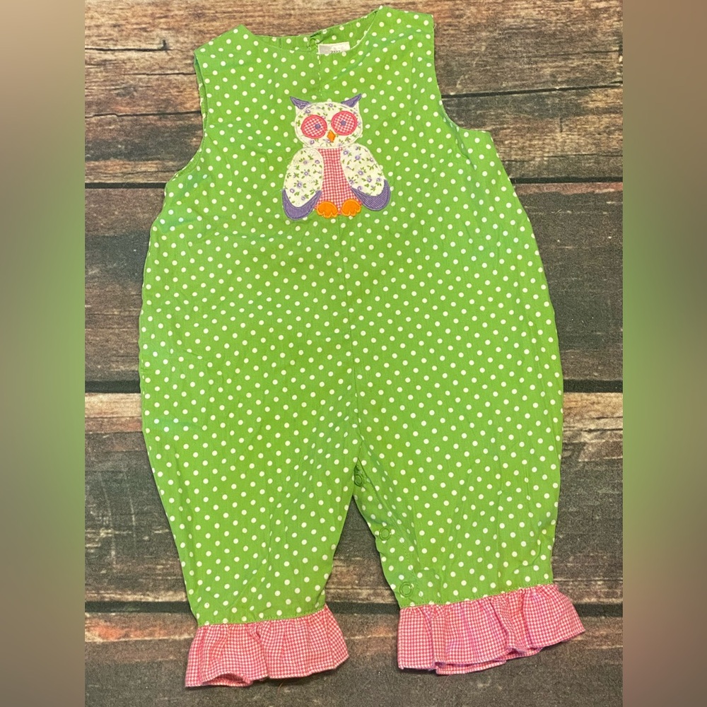 Green Polka Dot Romper with Owl Appliqué Girls Size 6 Months
